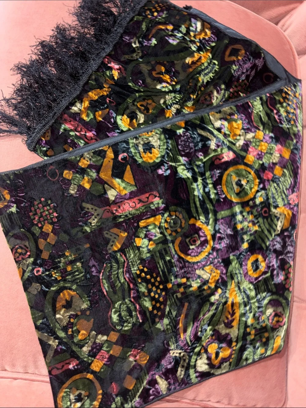 Stunning Vintage velvet burnout table runner fringe rich multicolor patterned